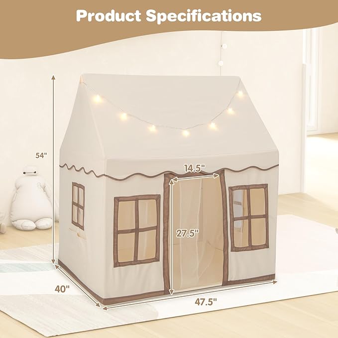 INFANS Kids Play Tent with Washable Mat Star Light Windows, Anti-Trip Large Playhouse Toys for Children Boys Girls, Indoor Outdoor Princess Tents Castle for Toddlers (Beige)