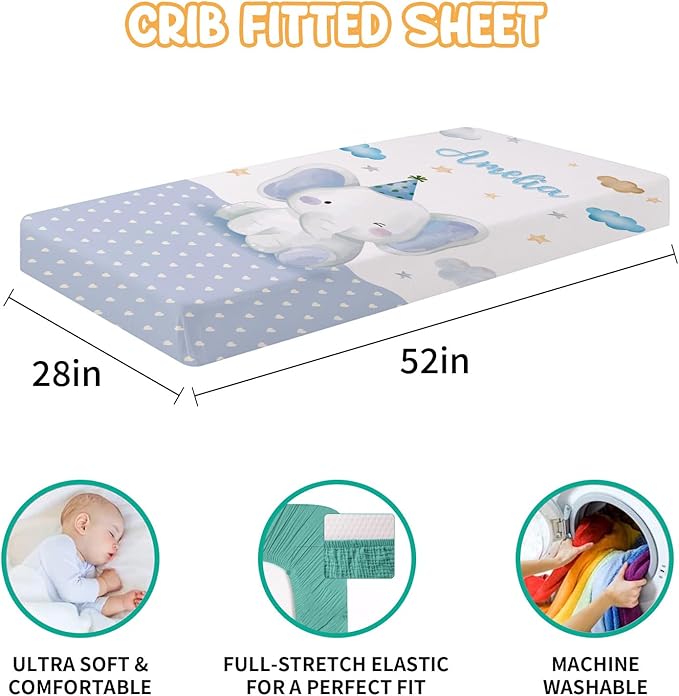 Custom Crib Bedding Set - Elephant Design Personalized Name Baby Nursery Bed 3 Pcs Set - Chic Soft Blanket with Dotted Backing, Sheet, Pillowcase for Newborn Girls Boys Gifts Color18