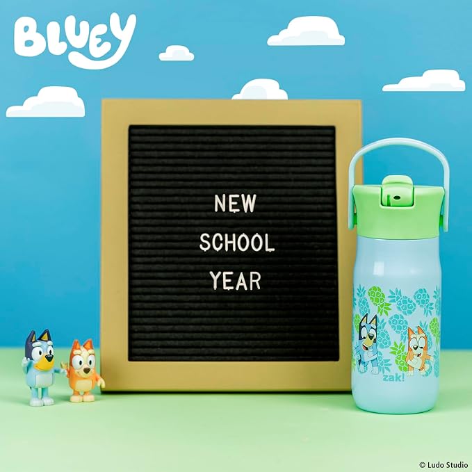 Zak Designs Harmony Bluey Kid Water Bottle for Travel or At Home, 14oz Recycled Stainless Steel is Leak-Proof When Closed and Vacuum Insulated (Bluey, Bingo, Muffin)