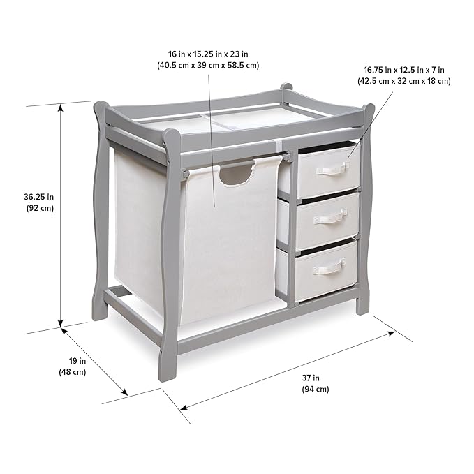 Badger Basket Sleigh-Style Baby Changing Table - Diaper Changing Station with 3 Storage Baskets - Nursery Organizer with Hamper, Changing Pad, Safety Rails - Gray