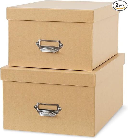 Soul & Lane Kraft Decorative Cardboard Storage Boxes with Lids, Set of 2 Stacking Keepsake Photo and Memory Boxes for Home & Office, Elegant Paperboard Organizers with Label Holders and Drawer Pulls