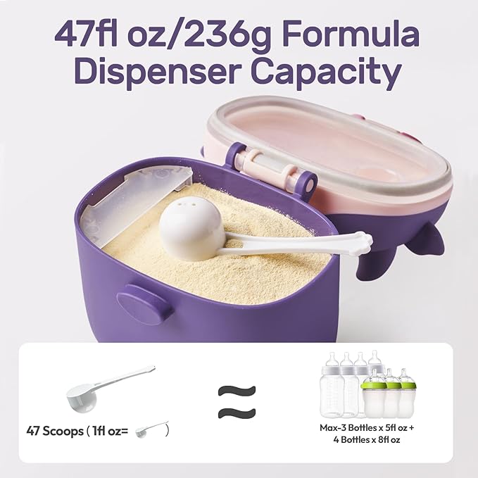 NCVI Baby Formula Dispenser On The Go, Formula Container To Go, Formula Holder for Travel, Outdoor Picnic with Baby Infant, Portable Container for Milk Powder, Snacks, Candy, Fruits (Purple)