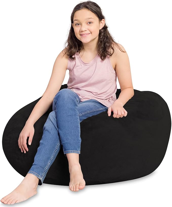 Posh Creations Bean Bag Chair for Kids, Teens, and Adults Includes Removable and Machine Washable Cover, Soft Faux Rabbit Fur - Black, 38in - Large