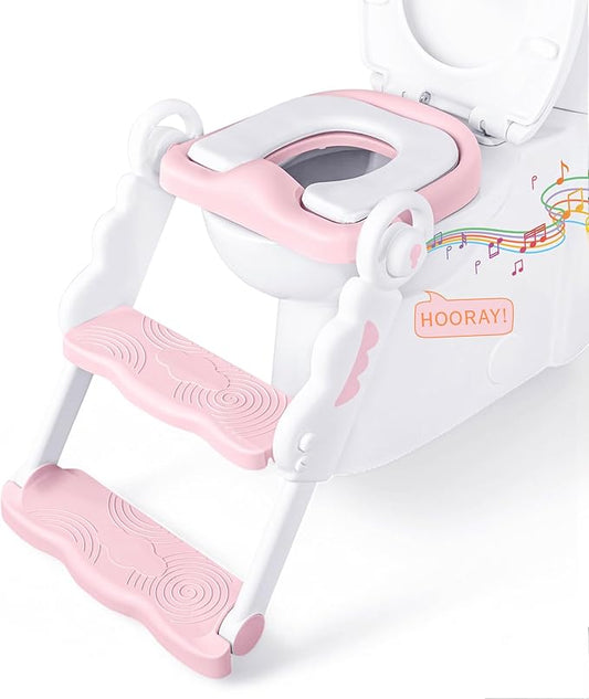 Musical & Sound Toddler Potty Training Seat w/Step Stool Ladder - Collapsible & Adjustable Toilet, Pre Assembled Toddler Toilet Seat w/Music & Sounds - Splash Guard & Anti-Slip Steps - Pink