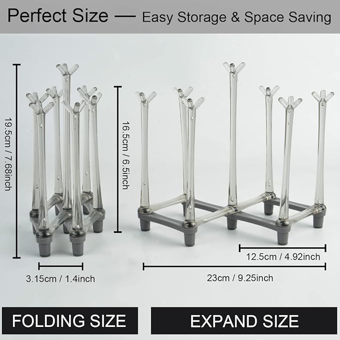 Retractable Cup Drying Rack, Drinking Glass Drainer Stand, Baby Bottle & Sports Bottle Draining Organizer, Countertop Mug Tree, Mugs Tea Cups Storage Rack with Non-Slip Bottom, PP Material, Gray-1 Pcs