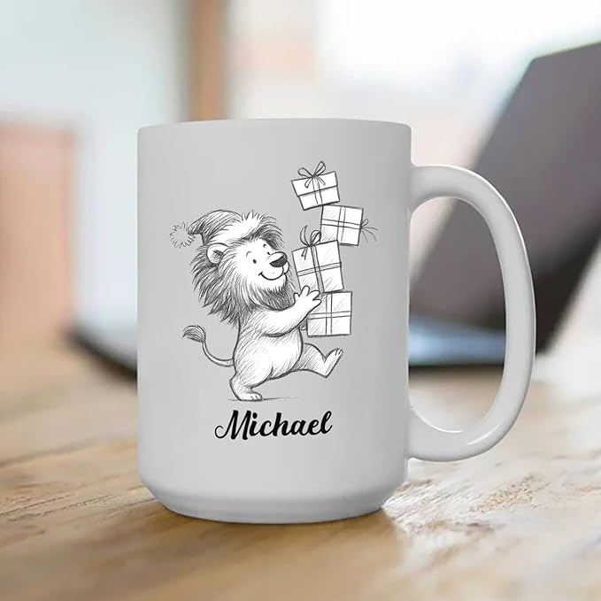 Personalized Lion Lover Coffee Cup 11 Oz 15 Oz, Lion Wild Animal Ceramic Coffee Mug Gift For Kids Child on Birthday Holiday, Custom Name Lions White Accent Teacup, Animal Travel Mug Gift For Friends