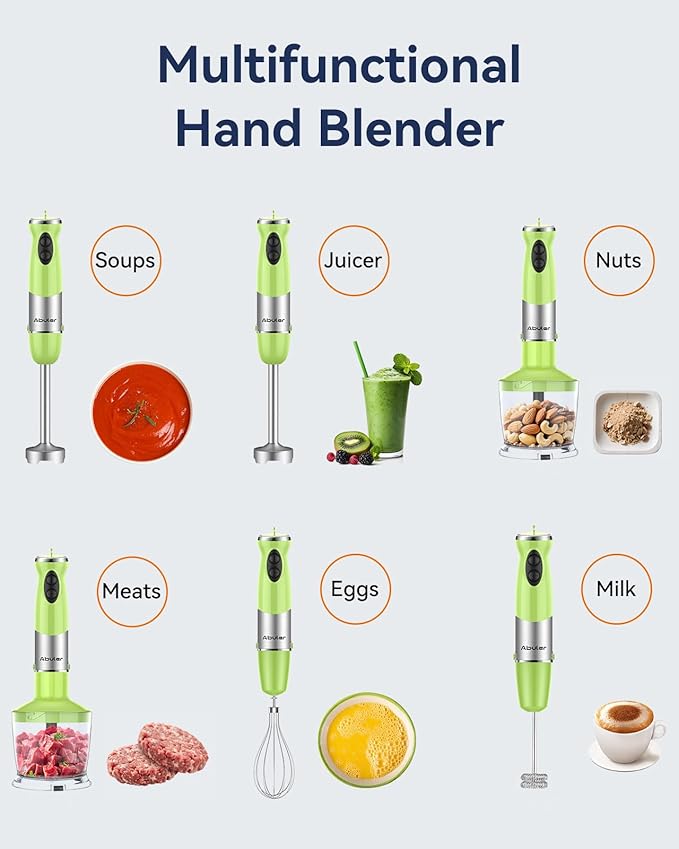 Immersion Blender Handheld 1000W 5 in 1 Corded Stick Hand Blender Kitchen with 12 Speed, BPA-Free, Mixing Beaker, Chopper, Whisk, Milk Frother, Perfect Emulsifier for Soup, Baby Food, Sauce, Puree