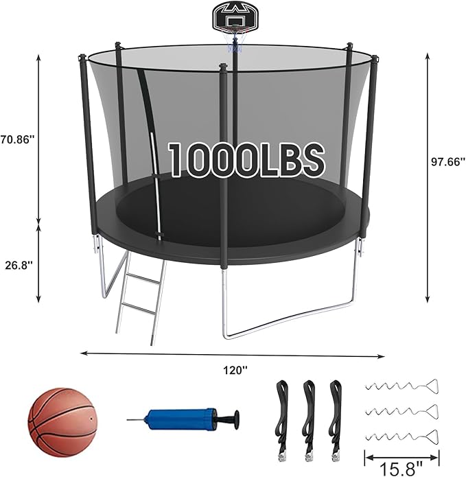 SKYUP Tranpoline 1500LBS 16 15 14 12 10 8 FT Tranpoline for 7-10 Kids and Adults, Windproof Outdoor Tranpoline with Enclosure Net, Basketball Hoop, Easy to Install & Last Long - ASTM Approved