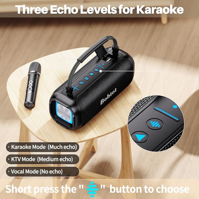 Portable Karaoke Machine, Bluetooth Speaker with Microphone, Three Echo Levels, Indoor and Outdoor Modes, IPX6, BT 5.3, Supports AUX, TF, USB