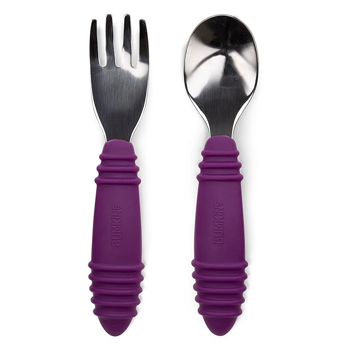 Bumkins Toddler Utensils, Kids Size Fork and Spoon Set, Silicone and Stainless-Steel Training Silverware, Angled Forks / Sporks for Self-Feeding, Children Hold Learning to Eat, 18 Months Up, Purple