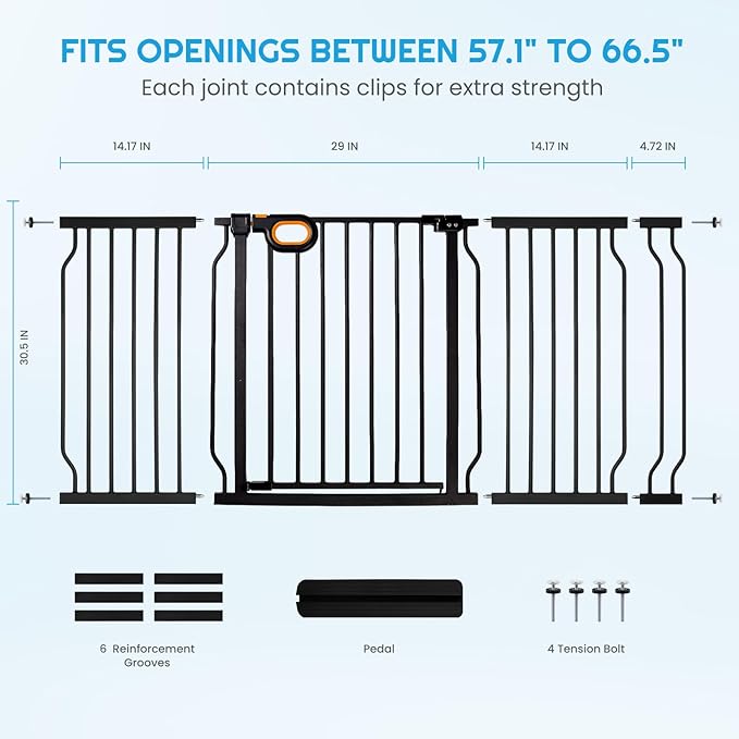 owlie Stair Baby Gate 57-66 Inch, Extra Wide Safety Gate for Baby Pet Adjustable Dog Gates Indoor Extra Wide Gates Pressure Mounted for Toddler Pet for House Stairway Doorway Black (30.5'' Tall)