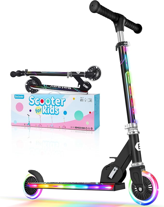 BELEEV V2 Scooters for Kids with Light-Up Wheels & Stem & Deck, 2 Wheel Folding Scooter for Girls Boys, 3 Adjustable Height, Non-Slip Pattern Deck, Lightweight Kick Scooter for Children Ages 3-12