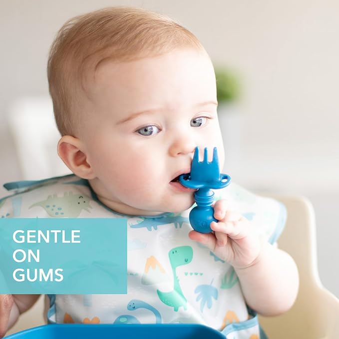 Bumkins Baby Utensils Set, Chewtensils Silicone Spoons for Dipping, Self-Feeding, Baby Led Weaning, Trainer Learning, First Stage Eating, Soft Practice Fork and Spoon, Babies 6 Months, Dark Blue