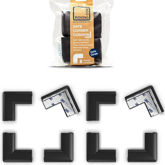 Roving Cove Slim-Fit Corner Protector for Baby Proofing (8 Small Corners), Soft Rubber Foam Furniture Corner Bumper Guards, 3M Adhesive Pre-Taped, Onyx Black