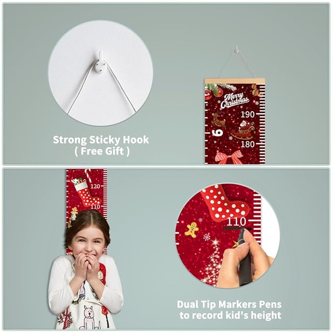 Christmas Baby Growth Chart for Wall, Height Chart for Kids, Xmas Kids Nursery Decor, Hanging Ruler Wall Decor, Kids Room Decor, Holiday Gifts for Boys Girls Toddlers - 76.7 x 7.9in with Beige Wood