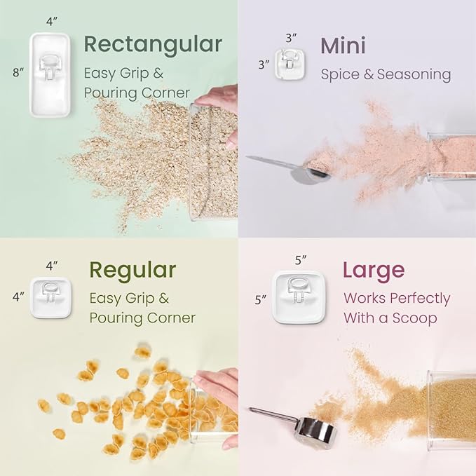 Felli Flip Tite Storage Container with Lid 4" RECTANGULAR Air Tight Ring Flip Top, Stackable Acrylic Canister for Kitchen Counter Pantry, Cereal Granola Pasta Spice, Gift Set for Women (4pk, Variety)