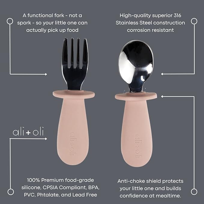 Ali+Oli Spoon & Fork Learning Set for Toddlers (Powder Pink) 6m+ Grab Easy BPA Free Food-Grade Silicone Handle, Kids Silverware Self Feeding Baby Utensil, Multi-stage Baby Feeding Set Ergonomic Design