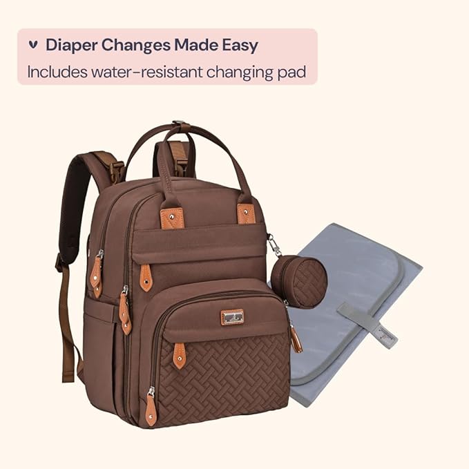 BabbleRoo Diaper Bag Backpack - Baby Essentials Travel Tote - Multi Function Waterproof Diaper Bag, Travel Essentials Baby Bag with Changing Pad, Stroller Straps & Pacifier Case - Unisex, Brown