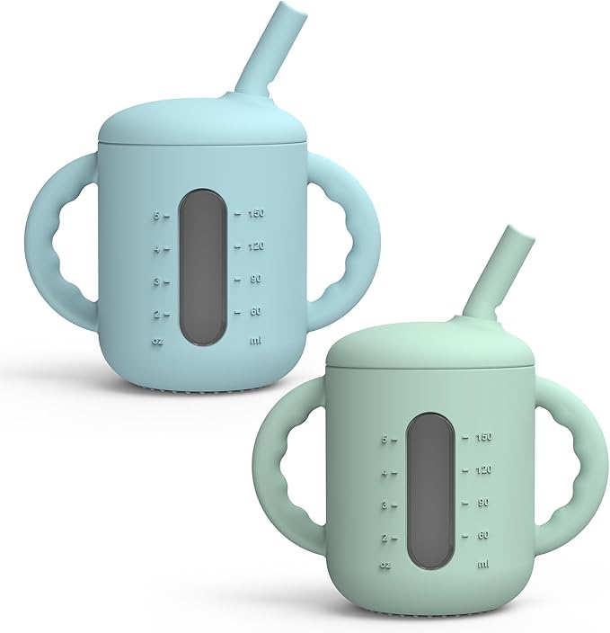 Seposeve 2 Pack Silicone Sippy Cups, Leak-Proof Baby Straw Cup for 6-12 Months, Spill Proof Toddler Cup with Straw 1-3 Years, with Capacity Marking, Non-slip Handle, Flow Control, 6 oz, Green Blue