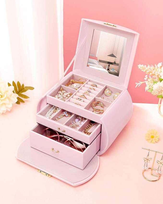 Homde Girls Jewelry Box Jewelry Storage Case Organizer with Mirror for Rings, Earrings, Bracelets, Necklaces (Light Pink + Gold)