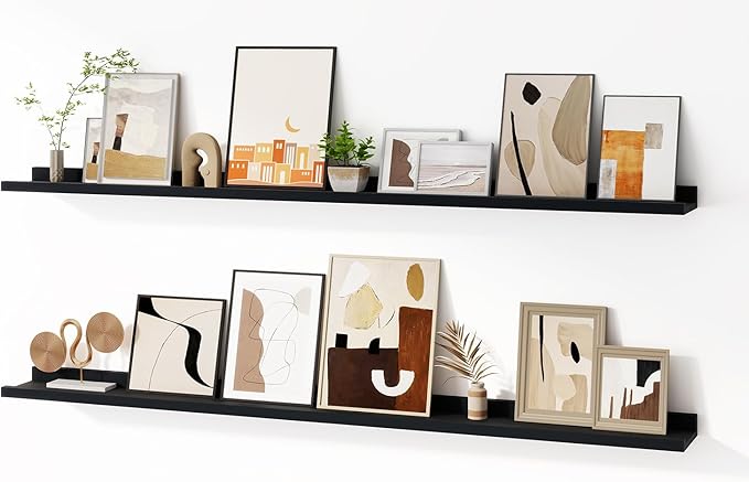 Floating Picture Ledge Shelves for Wall Set of 2, 55 Inches Picture Shelf with Ledge, Nursery Book Shelf for Toys Storage Kids Bookshelf Wall Mounted Living Room Bedroom Decor Frames, Black