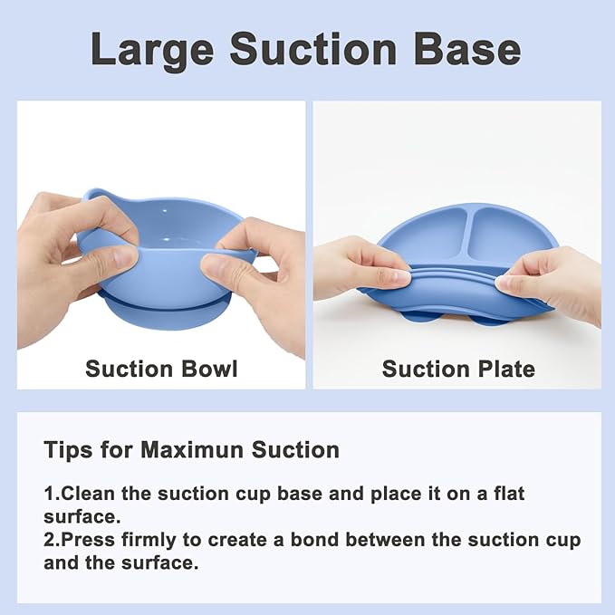 Silicone Baby Feeding Set | Baby Led Weaning Supplies Includes Suction Bowls and Divided Plates, Adjustable Bib, Baby Utensils Spoons and Forks,Cup | Baby Feeding Essentials (Deep Blue)