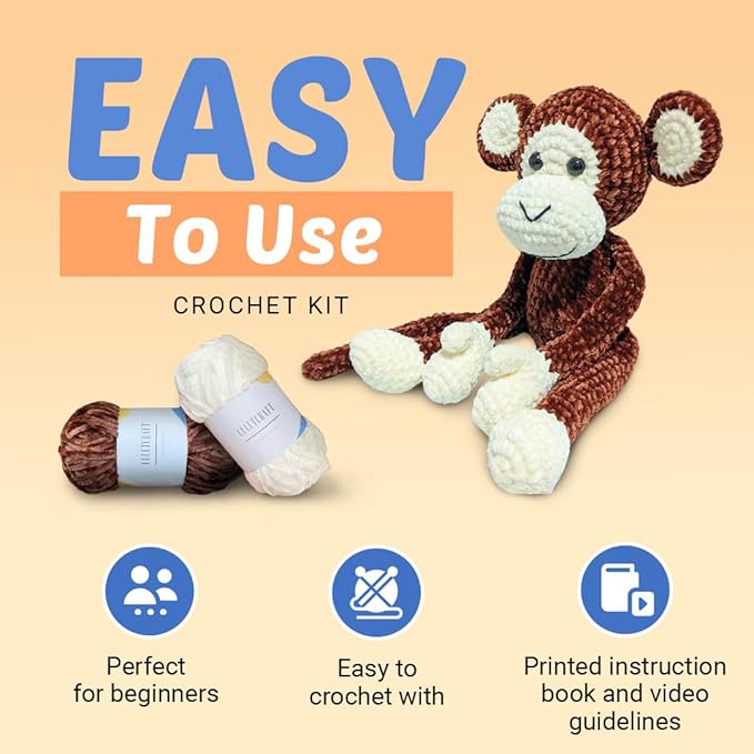 CULETCRAFT Crochet Kit for Beginners Adults, Freddy The Monkey DIY Crochet Animal Kit for Beginners, Learn to Crochet with Step-by-Step Instruction Book, Beginner Crochet Kit for Adults and Kids