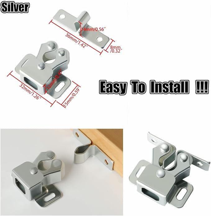 Alise Cabinet Door Latch,Cupboard Closet Doors Catch Closer Double Ball Roller Latches,Cold Rolled Steel Silver CA1000LS-12P(Pack of 12)