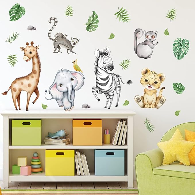 Watercolor Jungle Animal Decals - Forest Safari Elephant Tiger Giraffe Stickers for Baby Nursery, Playroom, Bedroom, Classroom, Kindergarten Wall Decor