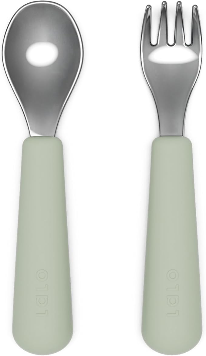 Lalo Utensils - Toddler Fork and Spoon Set - Stainless Steel and Silicone Ergonomic Toddler Utensils - Children Safe Flatware Set - 2 Pieces - Sage