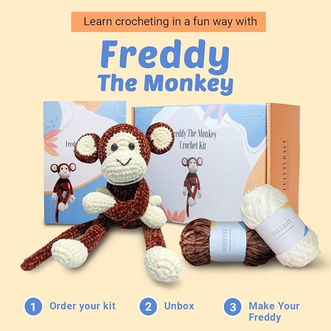 CULETCRAFT Crochet Kit for Beginners Adults, Freddy The Monkey DIY Crochet Animal Kit for Beginners, Learn to Crochet with Step-by-Step Instruction Book, Beginner Crochet Kit for Adults and Kids