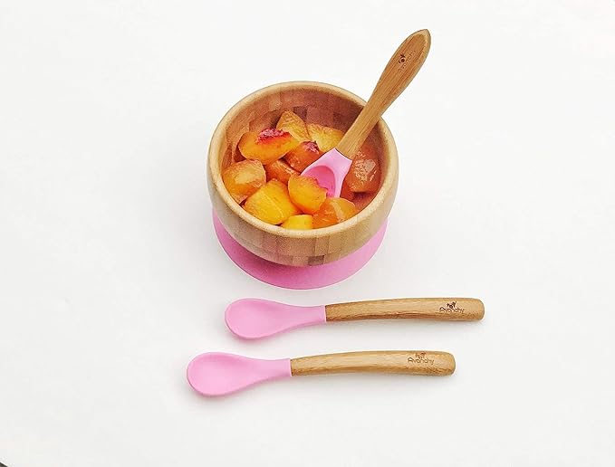 Avanchy Bamboo & Silicone Infant Training Spoons, BPA Free - Soft Tip, Easy on Gums, First Stage Feeding Utensils for Baby-Led Weaning, Self-Feeding, Assorted w/Pink