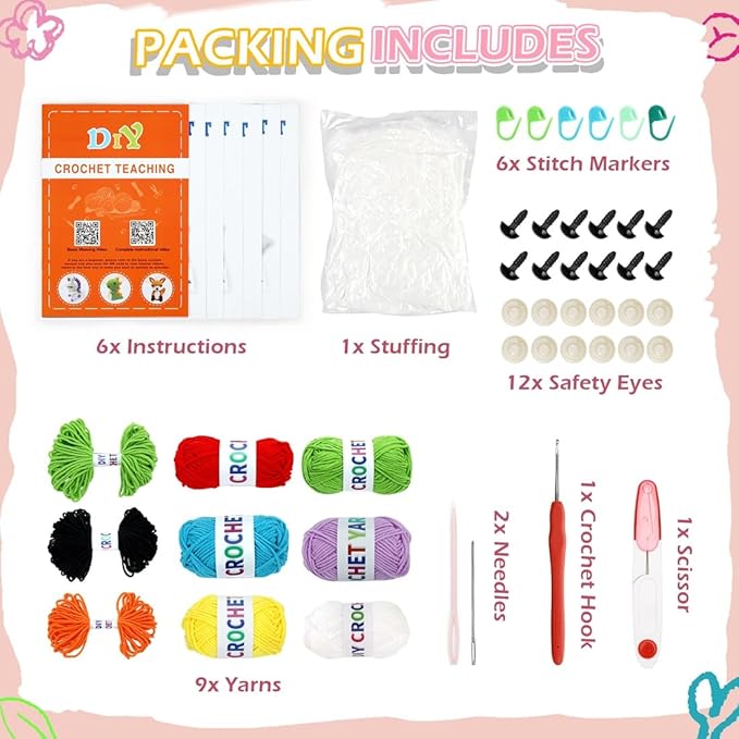 6 PCS Crochet Animal Kit –2026 DIY Amigurumi Crochet Kit for Beginners, Knitting Crochet Kit For Kids Adults , Knitting Kit with detailed videos tutorials, Yarn, Hook, Best Gift For Crochet Lovers