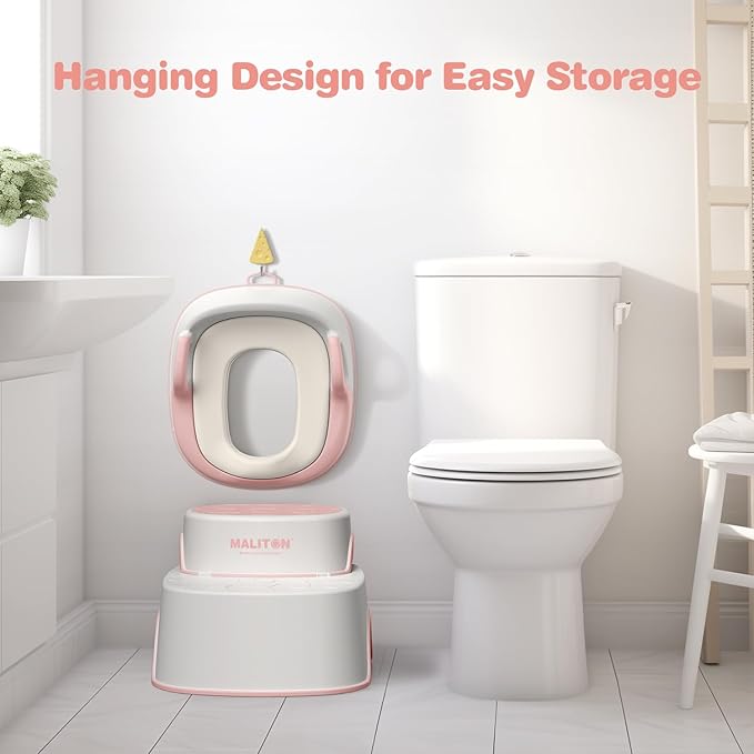 Potty Training Seat with Step Stools, Maliton Potty Training Toilet for Toddlers Girls with Splash Guard, Anti-Slip Toddler Stool for Bathroom, One Potty Seat and 2 in 1 Step Stool for Kids (Pink)