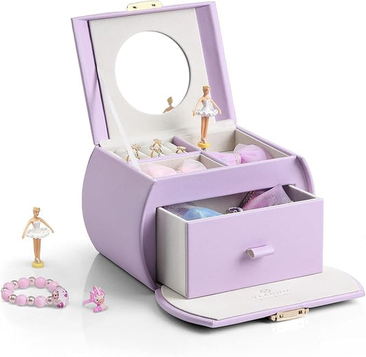 Vlando Musical Jewelry Box with Spinning Ballerina, Lockable Girls’ Jewelry Organizer for Necklaces Rings and Hair Accessories, Gift for Girls and Kids, Purple