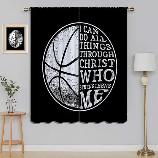 Basketball Blackout Curtains for Boy Girl Room Darkening Decor,Sport Theme and White Motto Dark Background Bedroom Living Room Home Rod Pocket Thermal Insulated Window Curtain/Drapes Panel,84x72 Inch…