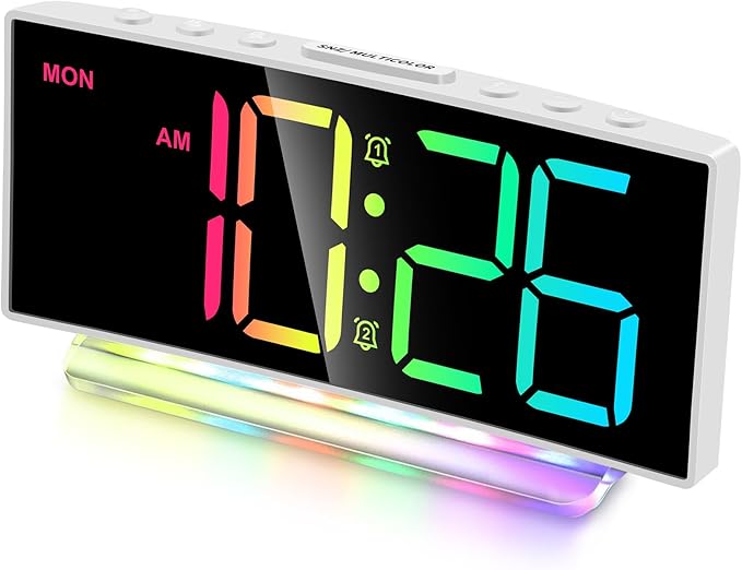 Cadmos Loud Alarm Clocks for Heavy Sleepers,Adults,Kids,Teens,Large Digital Display,7 Color Night Light,Adjustable Volume,Battery Backup,Small Bedside Clocks for Bedrooms (White+Dynamic)