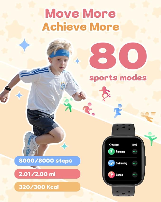Kids Watch for Boys 5-12, Kids Smart Watch Fitness Tracker Pedometer, No Phone Needed, Puzzle Games with Parental Control, IP68 Waterproof, Heart Rate, Sleep Monitor, Step Counter, 80 Sports