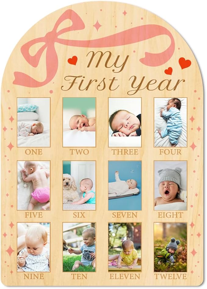 ORIGACH My First Year Baby Growth Photo Display Wood Board - 12 Months Newborn Milestones Photo Board - Neutral Baby Keepsake Frame 1st Birthday Party Nursery Decor New Mom Gift - Bow & Heart