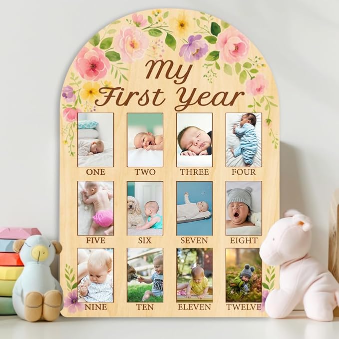 ORIGACH My First Year Baby Growth Photo Display Wood Board - 12 Months Newborn Milestones Photo Board - Neutral Baby Keepsake Board 1st Birthday Party Nursery Decor New Mom Gift - Flower