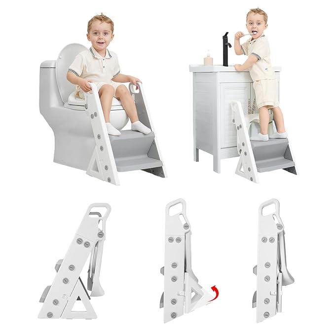 Primlect Space-Saving Potty Training Seat with Ladder, Adjustable Step and Toilet Seat Height, Top Handles for Easy Climbing, Easy to Carry, Portable Toddler Toilet Trainer for Small Bathrooms