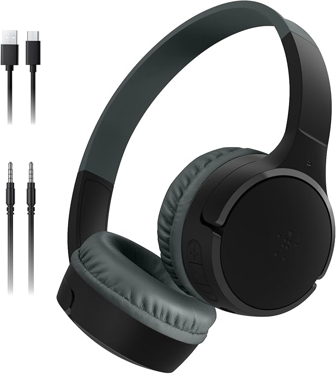 Belkin SoundForm Mini Kids Wireless Headphones w/Built-in Microphone, 30H of Playback Time, & Fun Stickers - Over-Ear Headsets for Online Learning, School, Travel, iPhone, iPad, Galaxy & More - Black
