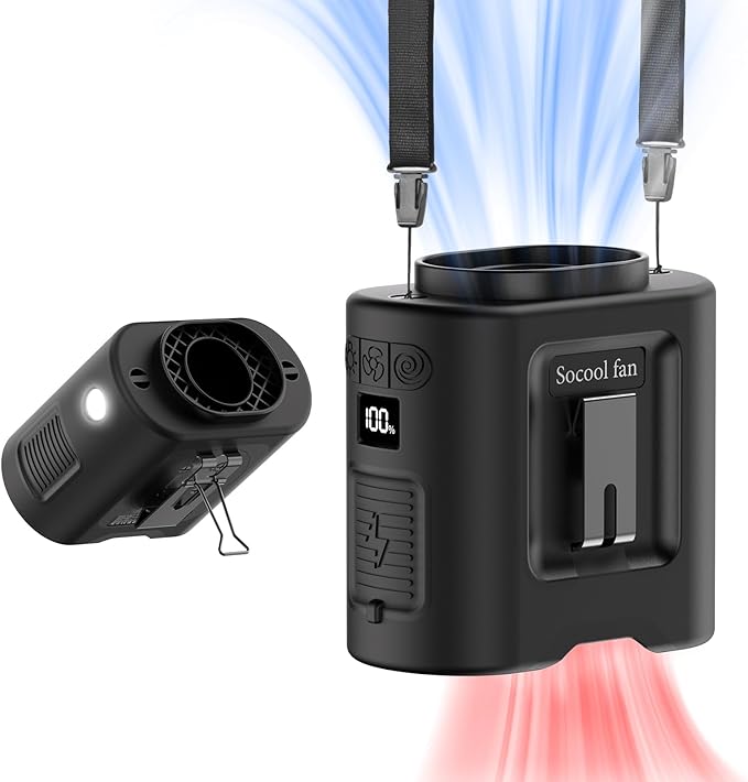 Socool 14500mAh Portable Waist Fan Clip on Belt 360 Rotation Wearable Rechargeable Personal Shirt Fan, 67H Cooling 5-Speed Battery Operated with Light, Neck Fan Hands-Free for Outdoor Jobsite Camping