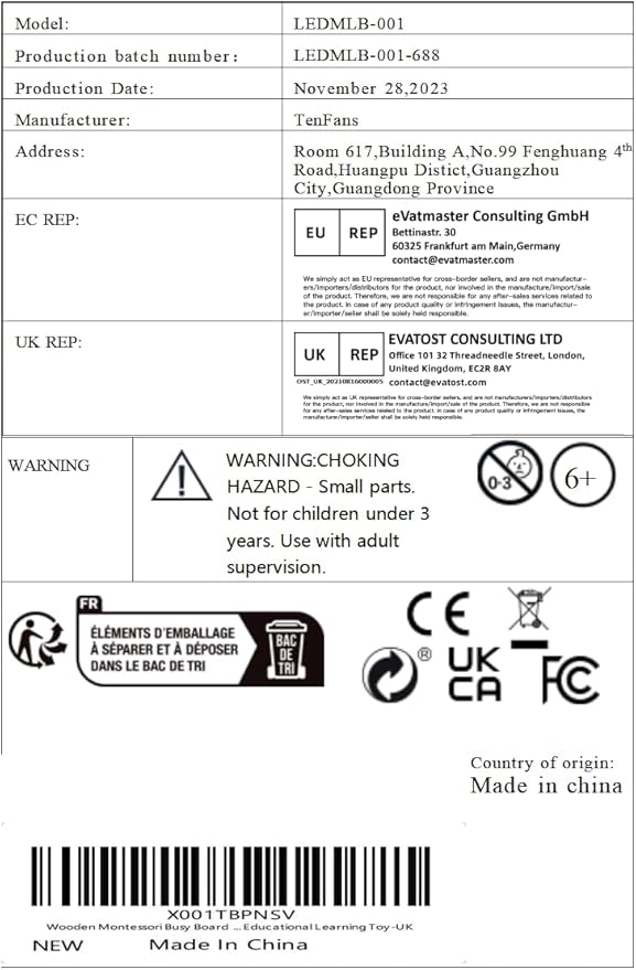 TenFans Montessori Busy Board with 8 LED Light Modes - Sensory Toys for 1-3 Year Olds & Airplane Travel, Wooden Activity Board Develops Fine Motor Skills