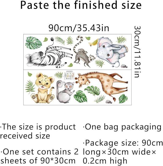 Watercolor Jungle Animal Decals - Forest Safari Elephant Tiger Giraffe Stickers for Baby Nursery, Playroom, Bedroom, Classroom, Kindergarten Wall Decor