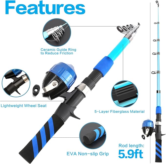 Collapsible Telescopic Fishing Rod and Reel Combo Push Button Small Fishing Pole Kit Beginner Youth Boys Fishing Starter Set Tackle