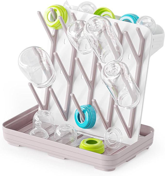 SpaceAid Baby Bottle Drying Rack with 20 Hooks, Space Saving Kitchen Bottles Rack Dryer, Vertical Baby Bottle Holder Organizer for Countertop Storage Accessories (White and Taupe)