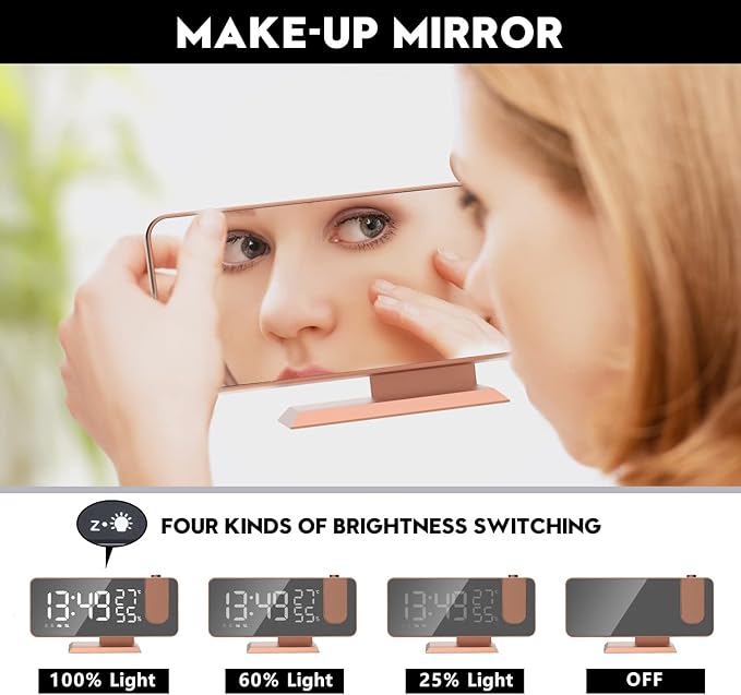 Projection Digital Alarm Clock for Bedrooms, Alarm Clock Radio on Ceiling, USB Charger Port, Temperature & Humidity Display, 7.3” Large Mirror LED Display,12/24H,Snooze,Dual Loud Clock- 4 Dimmer