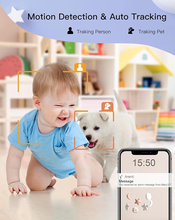 ARENTI Baby Monitor, 2K/3MP WiFi 6 Camera and Audio, 5-inch Wireless Screen, Smartphone App, Super Night Vision, Crying Detection, Auto Tracking, Temp&Humidity Sensor, Cloud&SD Card Storage (D3 Kit)