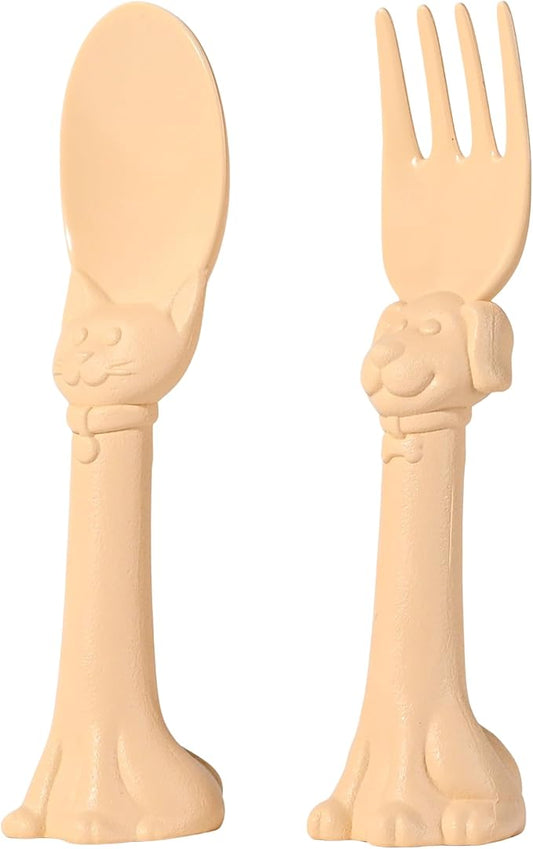 Made in USA Spoon la la Toddler Utensils Set - 2 Pack (1 Spoon & 1 Fork for Kids) - Self-Standing 3D Ergonomic Cat & Dog Handles - BPA-free, Dishwasher Safe, Baby Silverware (Yellow)